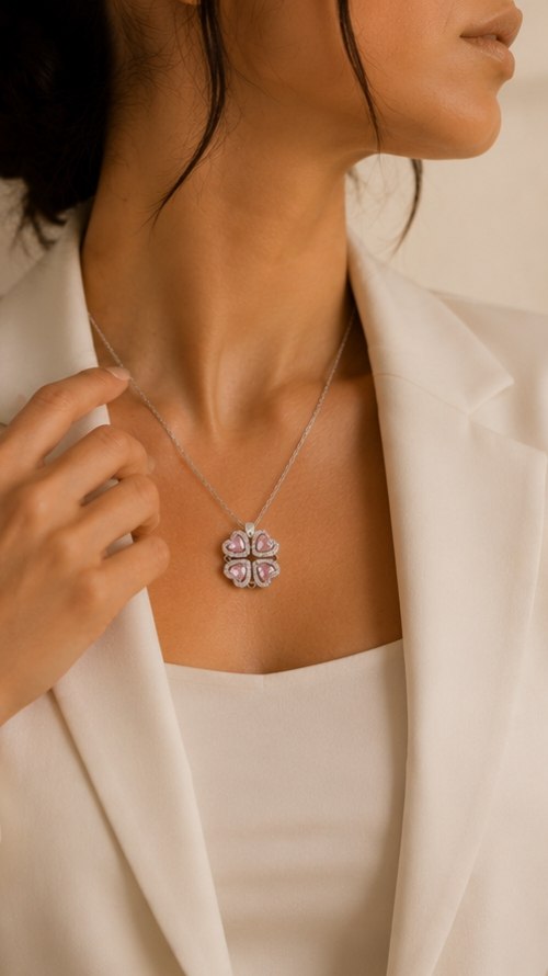 Pembe Taşlı Yonca Kolye – 14 Ayar Altın Kaplama Çelik Takı